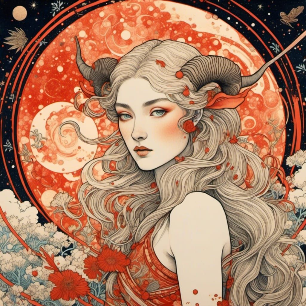 Aries Goddess in Ukiyo-e Watercolor Style