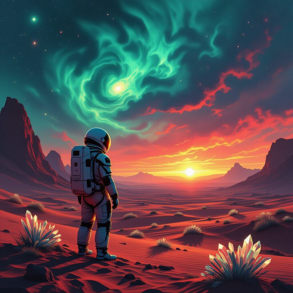 Astronaut Gazes at Alien Binary Sunset in Epic Sci-Fi Style