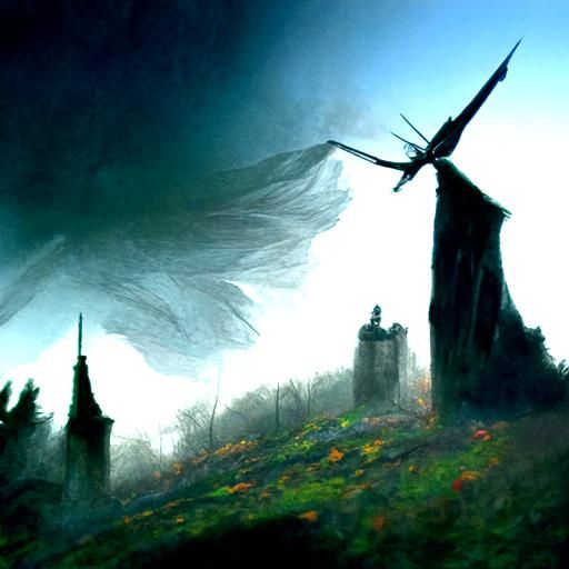 Sinister Winged Castle in Fog, Romantic Fantasy Style