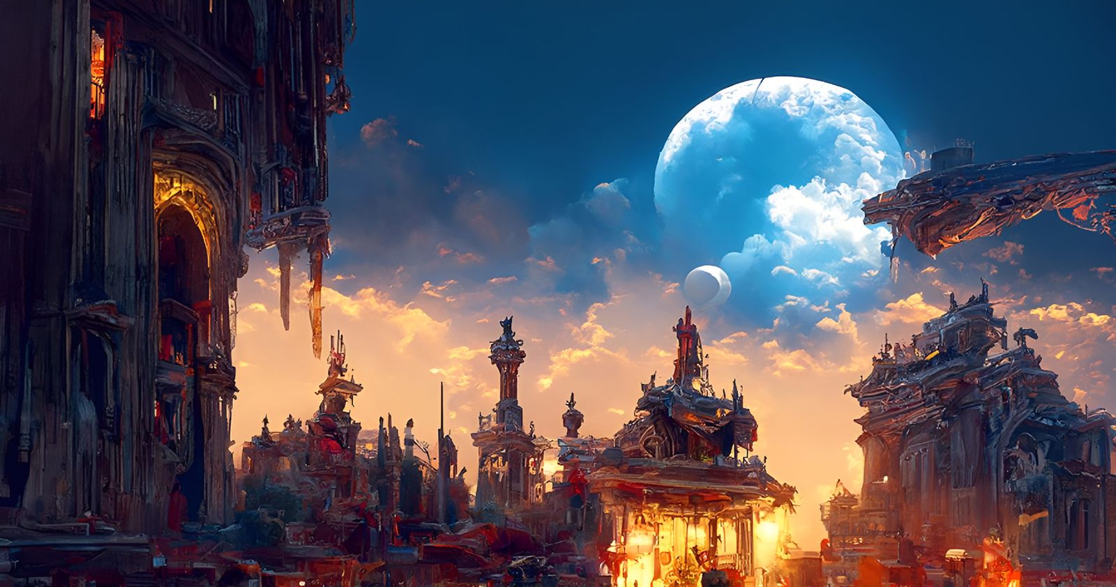 Gothic Palace Ruins Under Moonlight: Digital Painting