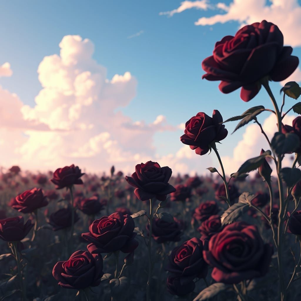 Majestic Black Roses in a Serene Landscape