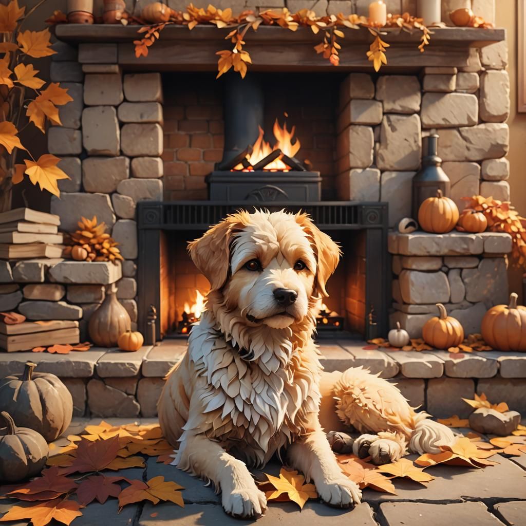 Dog by Fireplace in Cute 3D Anime Style