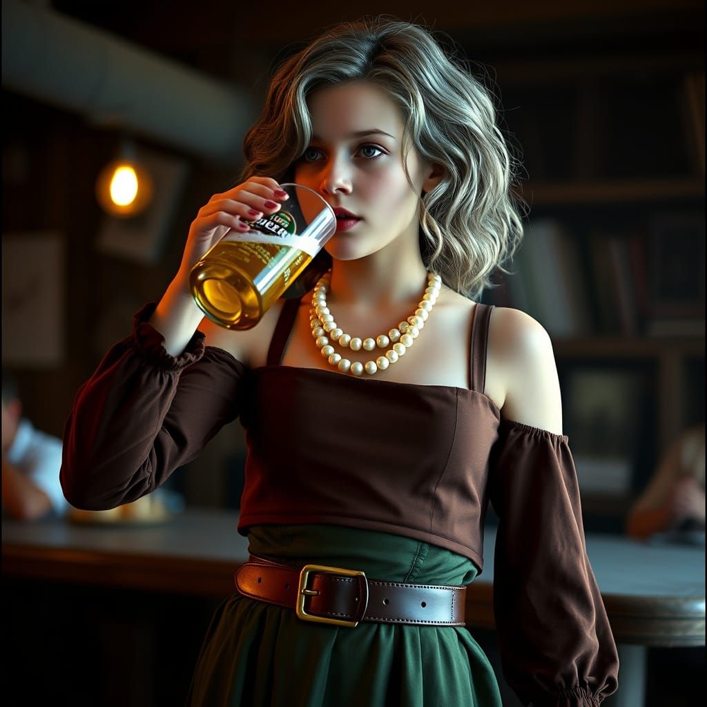 Princess Bean Drinking Beer in Cinematic Style