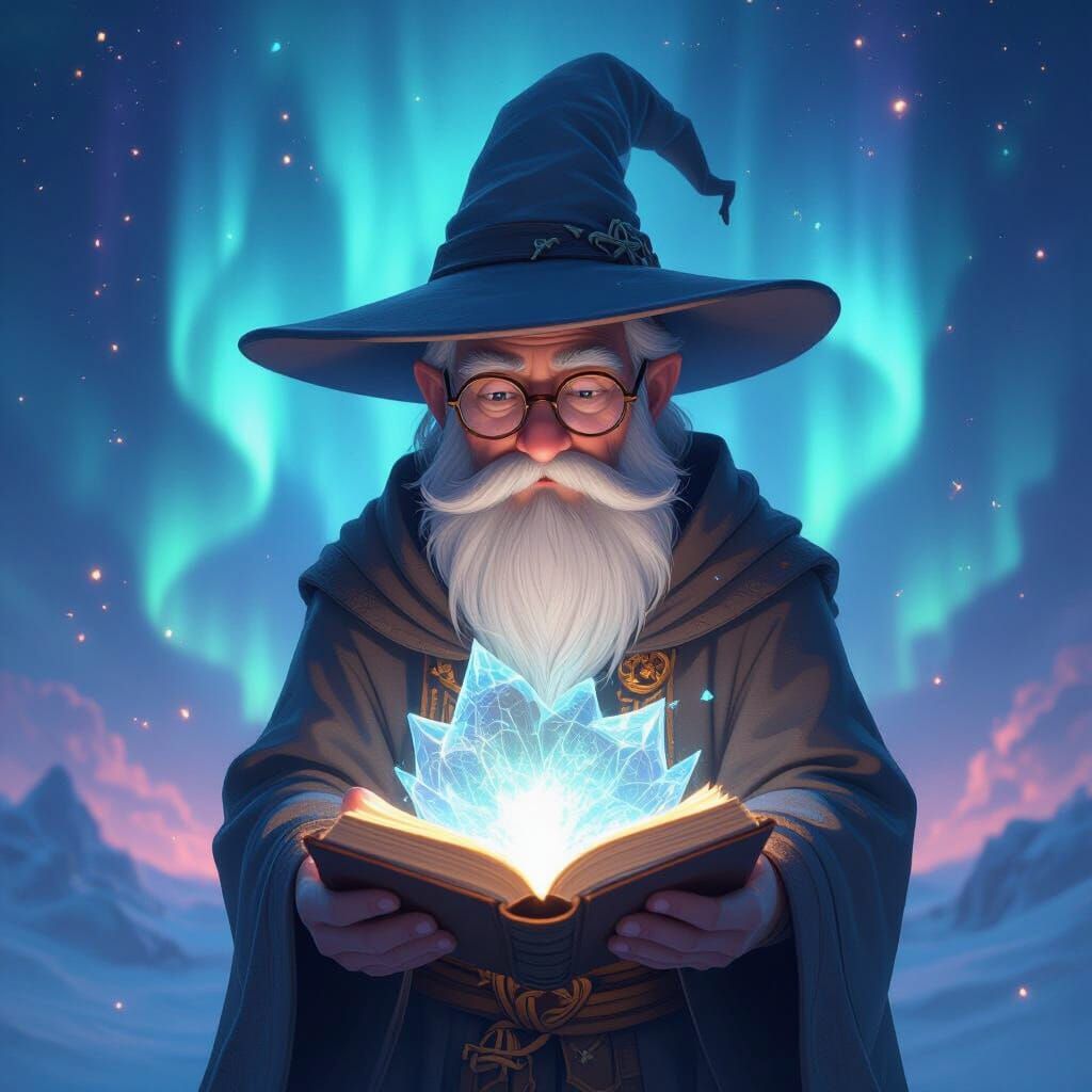 Frozen Book: Old Wizard in 3D Anime Aurora