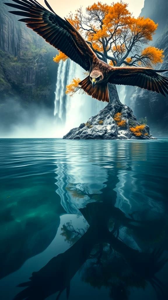Hawk Soars Over Waterfall Lake in Cinematic Style