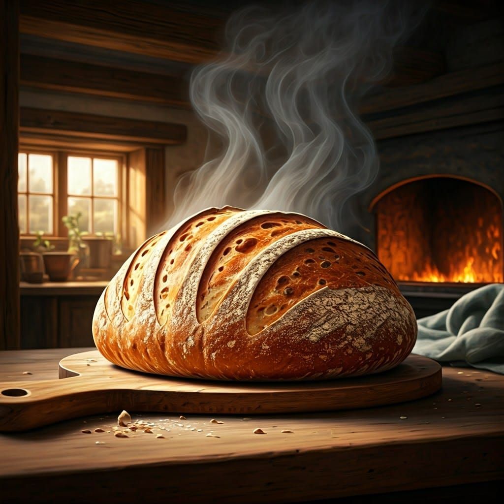 Golden Brown Bread in Farmhouse Kitchen