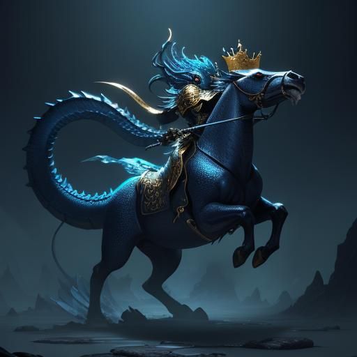 Blue Dragon with Sword and Crown: Fantasy Art