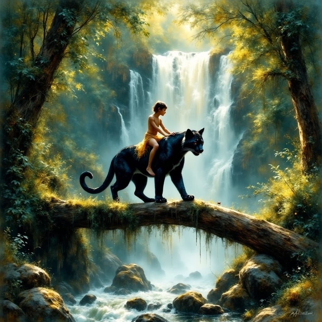 Mowgli and Cougar Explore the Jungle Waterfall