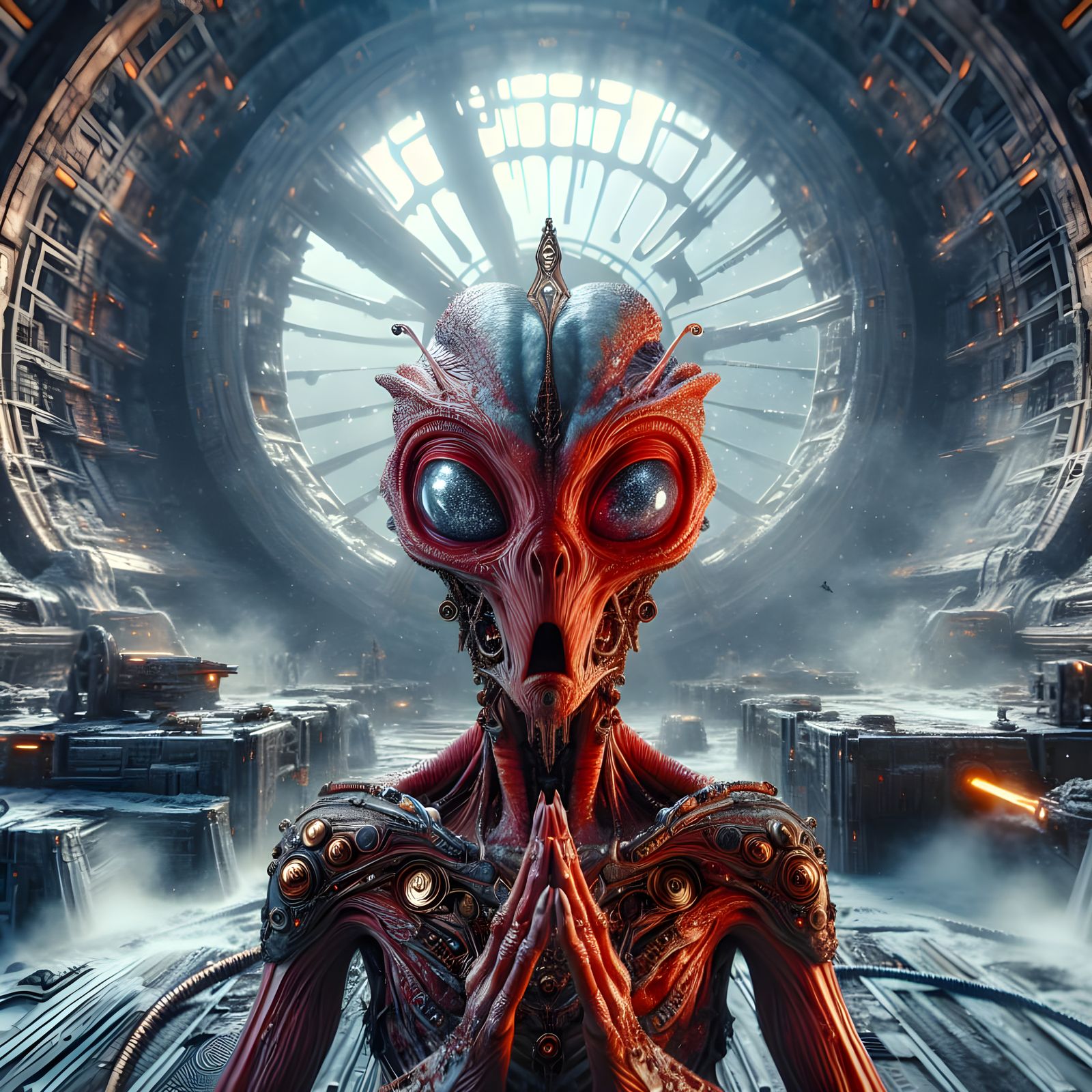 Menacing Red Alien in Ruined Spaceship Laboratory