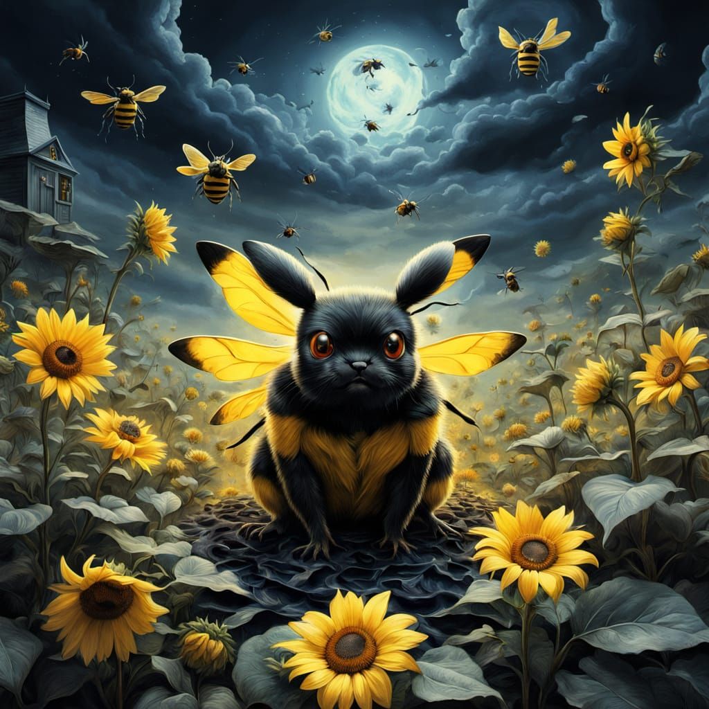 Ethereal Pikachu Goddess in Surrealist Fantasy Horror Scene