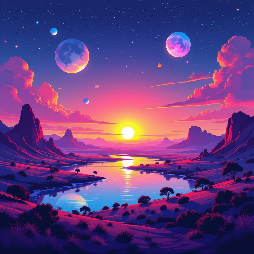 Pink Floyd Inspired Surreal Landscape in Vibrant Colors