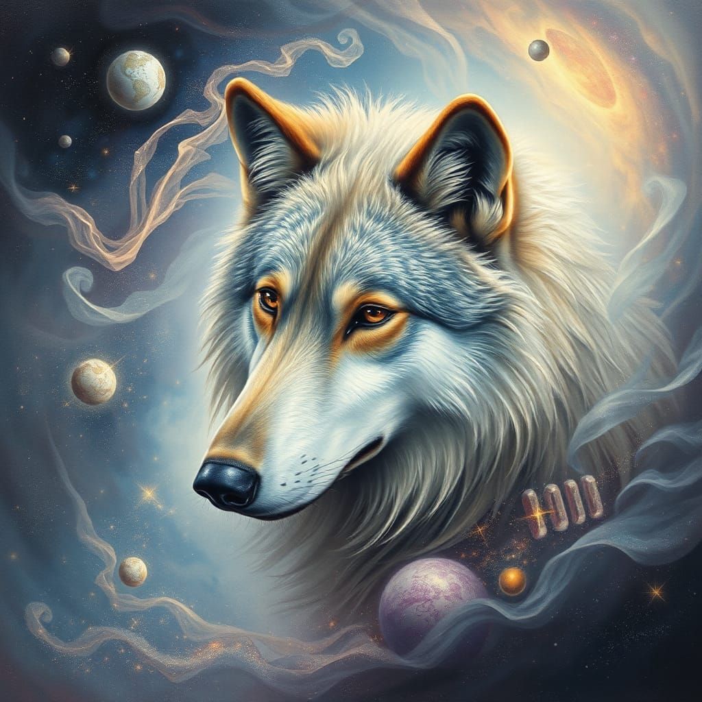Ethereal Wolf in Iridescent Galaxy, Surrealist Dreamscape
