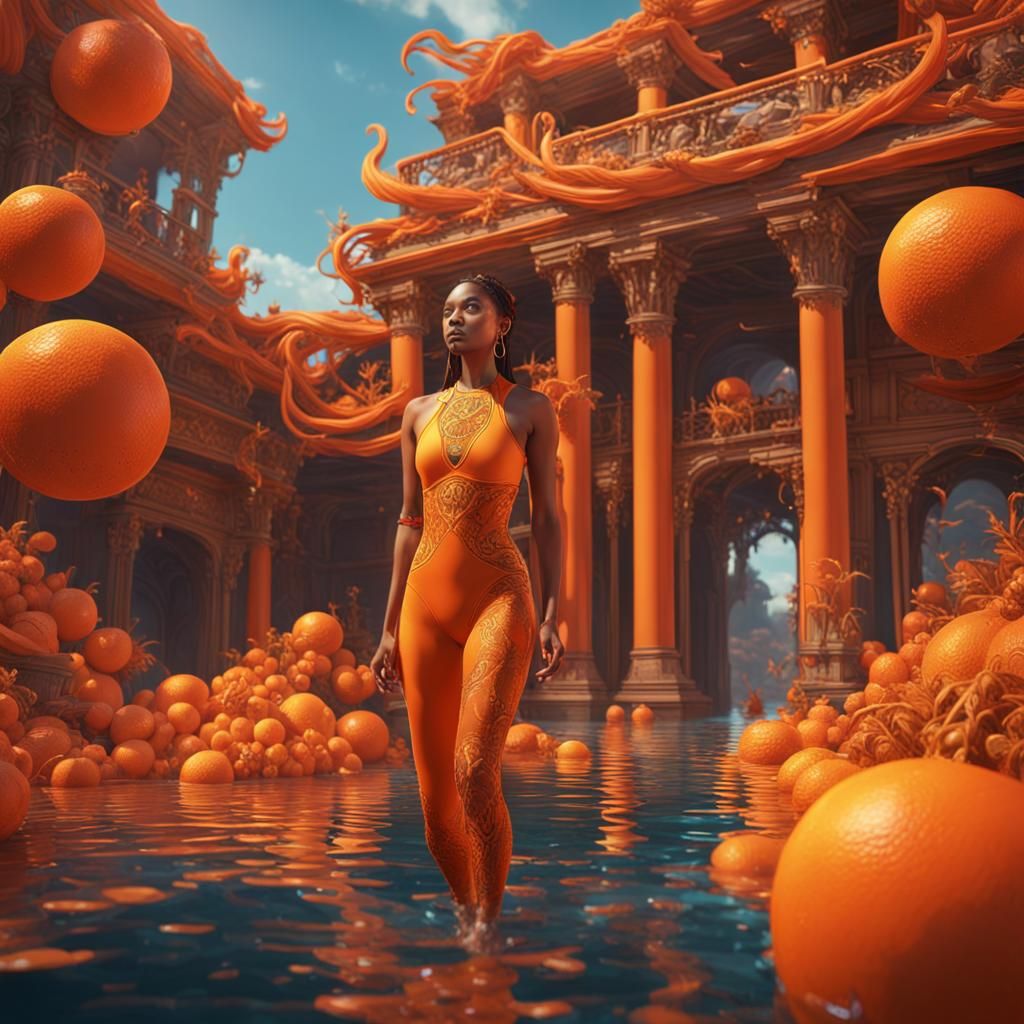 Woman Surrounded by Oranges in Orange Swimsuit