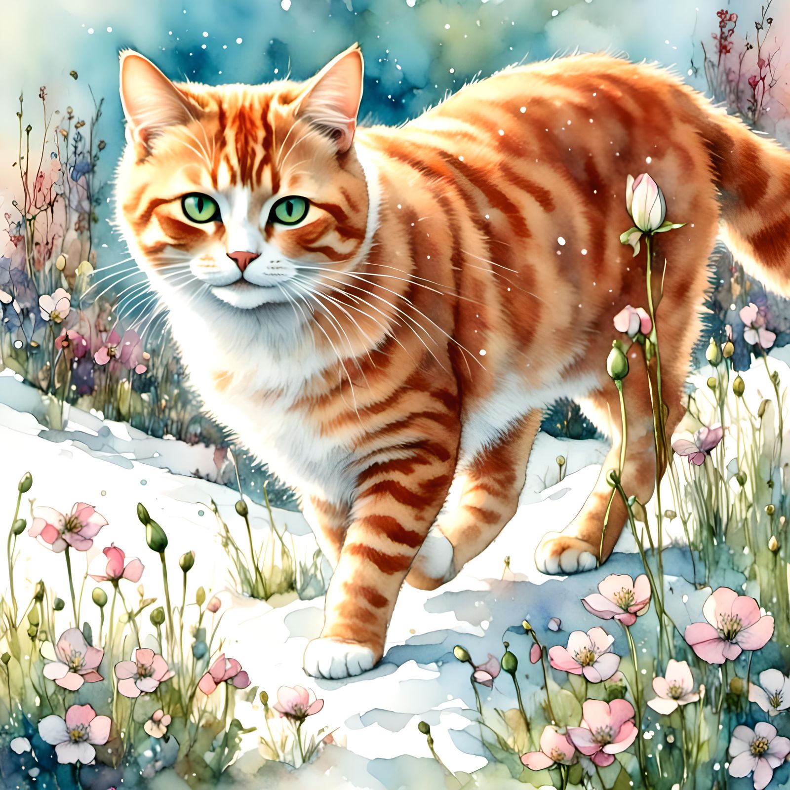 Red Tabby Cat in Snowy Garden Illustration