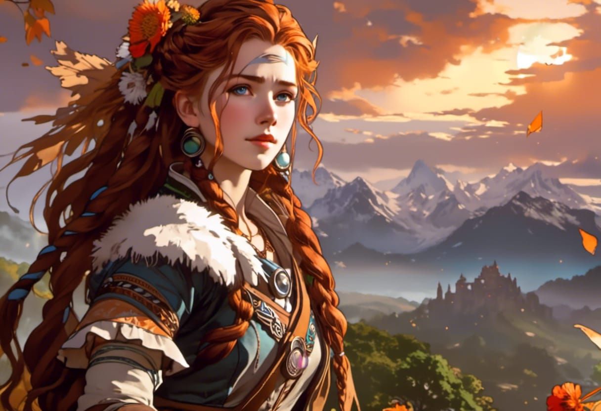 <lora:Art Nouveau:1.0> Beautiful ALOY from Horizon Zero Dawn, red bunches of braids hyper detailed, trending on artstati...