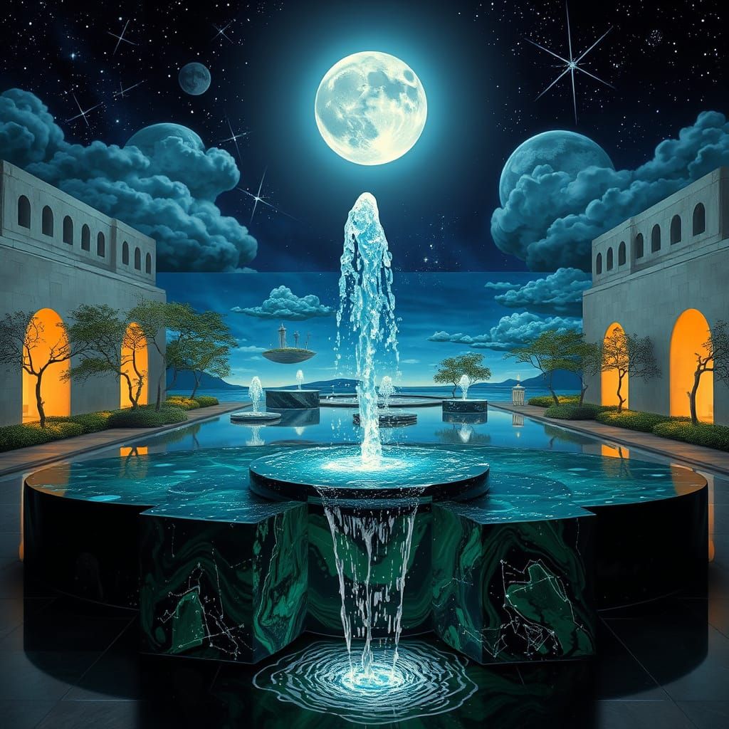 Surreal Obsidian Fountain with Liquid Starlight