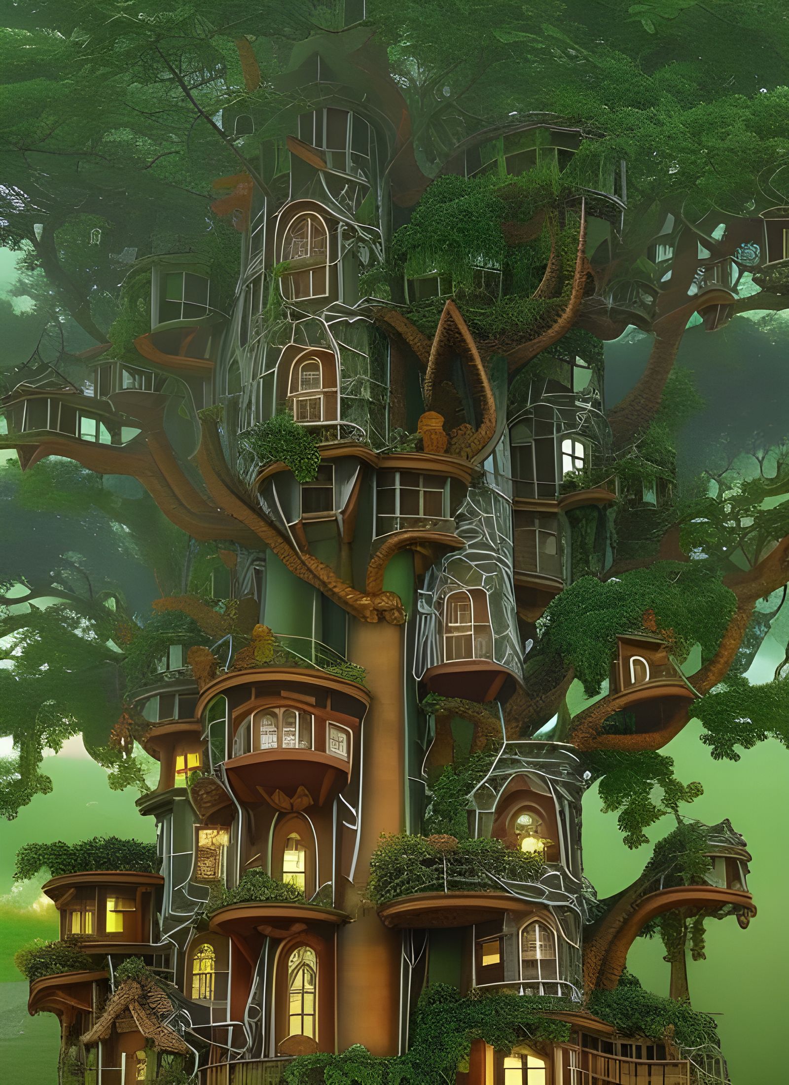 Mystical Treehouse Mansion in a Glowing Fantasy Tree