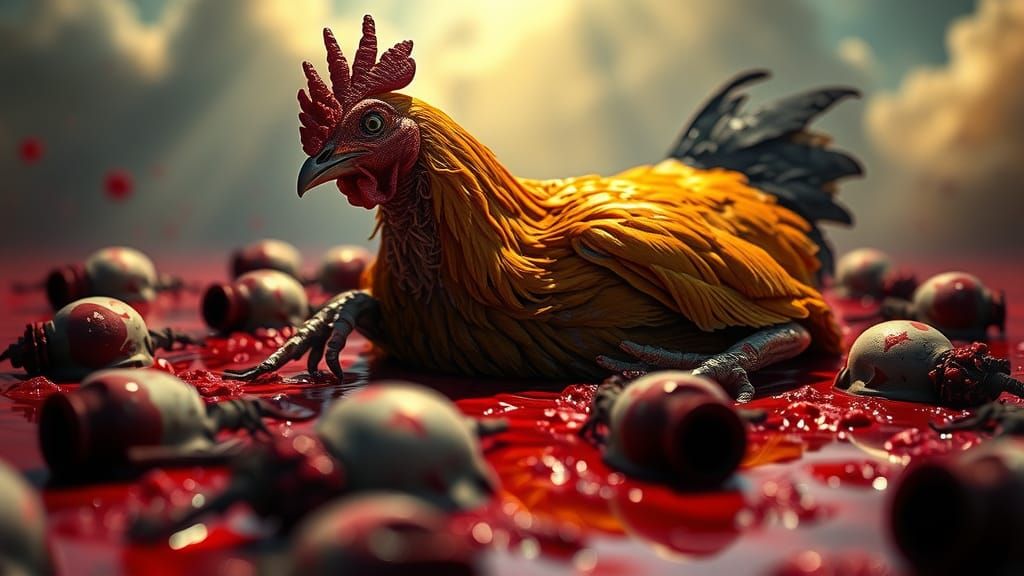 Scary Humanoid Chicken in a Pool of Blood