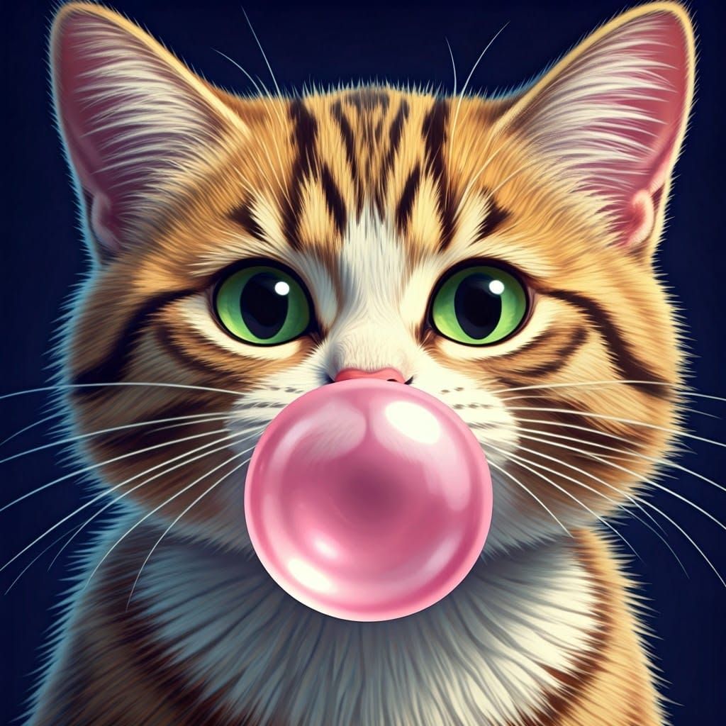 Whimsical Cartoon Cat in a Colorful Gum Bubble