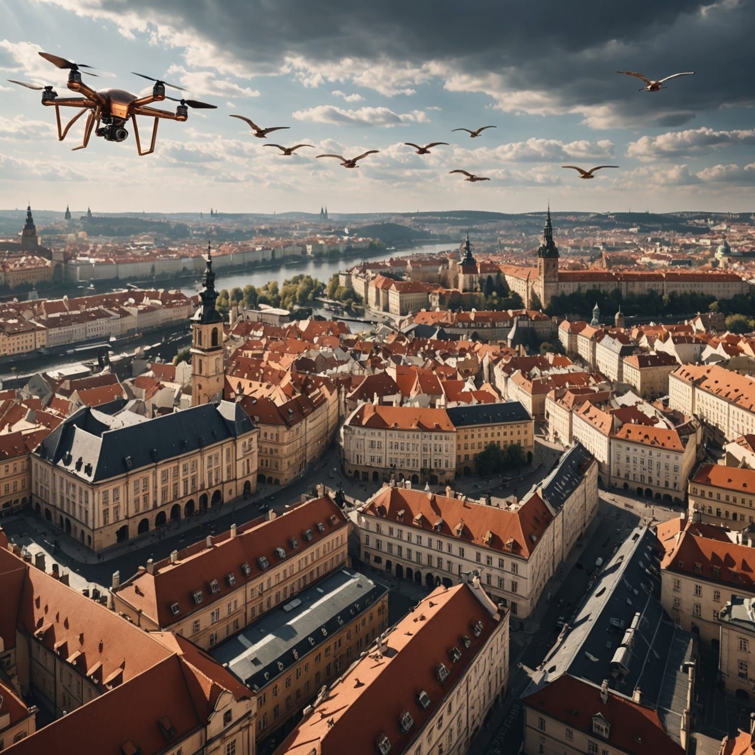 Copper Drone Over Prague in Photographic Style