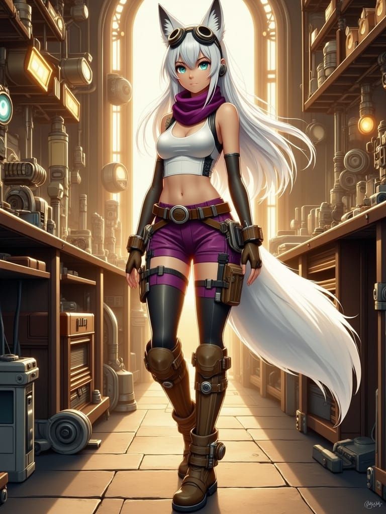 An anime-style illustration of a white-haired fox girl with long flowing hair, silver eyes, white fox ears, and a fluffy...