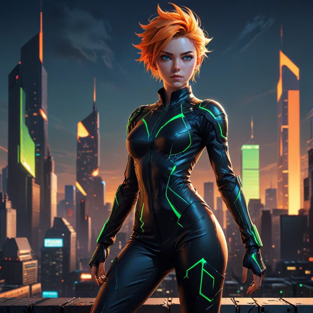 Heroic Manga-Inspired Cyberpunk Warrior in Cel-Shaded Sunset...