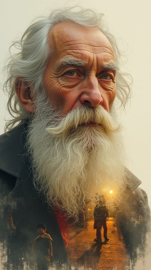 Nostalgic Old Man in Double Exposure Style