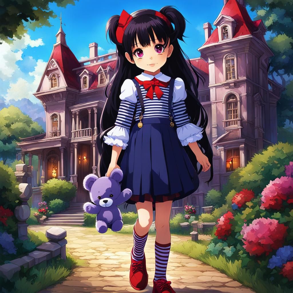 Anime Style Girl with Teddy Bear in Mansion