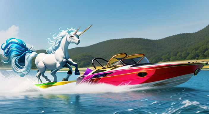 Unicorn Speeds Across Sunny Lake with Iridescent Mane