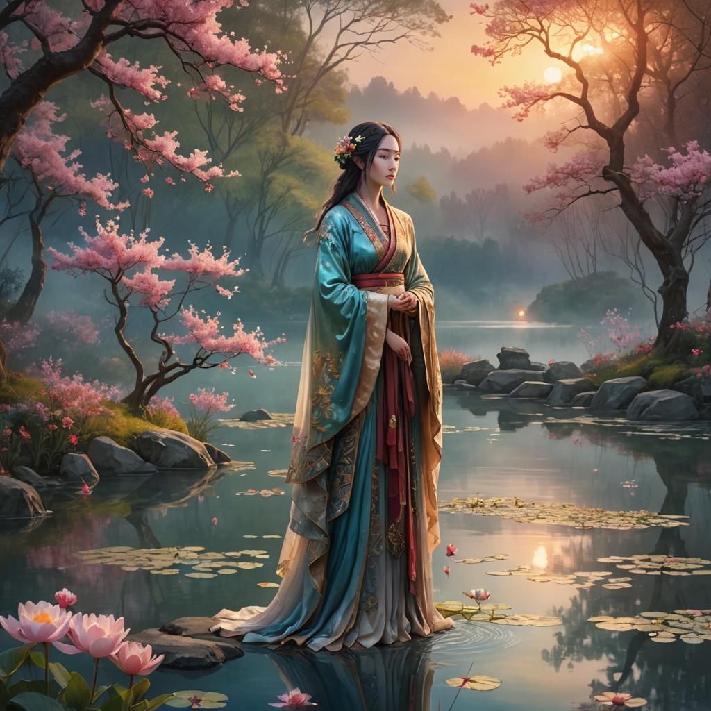 Fantasy Goddess at Lake: Watercolor Illustration
