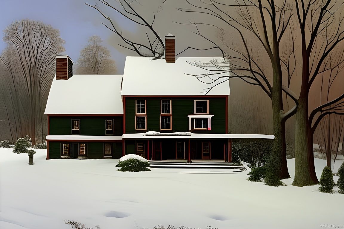 Snowy House at Dawn as Tonalist Painting