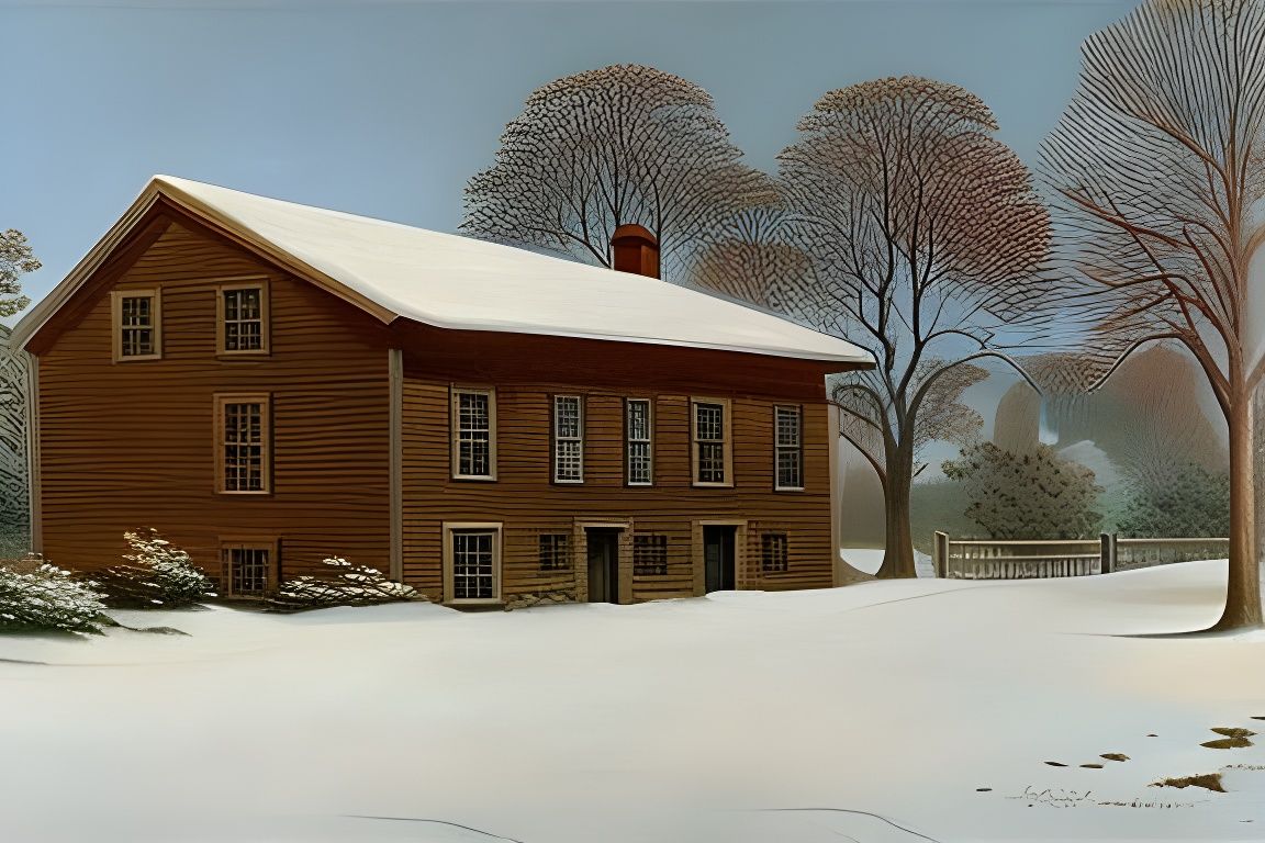 Snowy House at Dawn in Tonalist Style