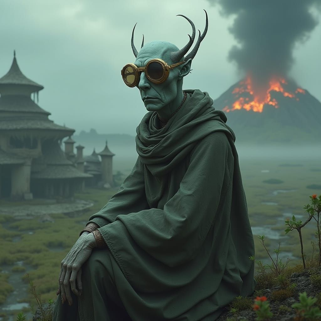 Ethereal Gray Skinned Man Amidst Mystical Mushroom Village