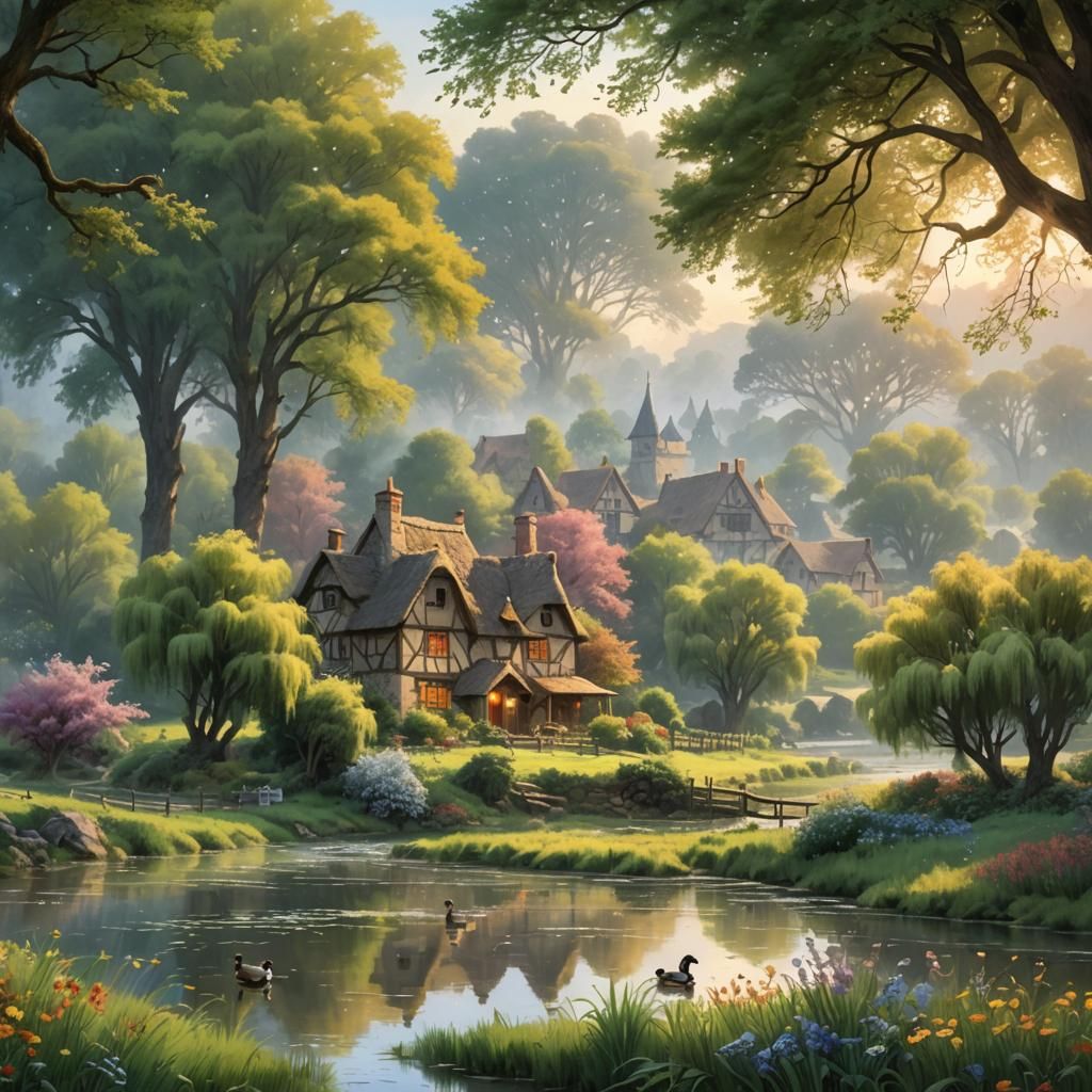 Medieval Farm at Sunset with River and Willows