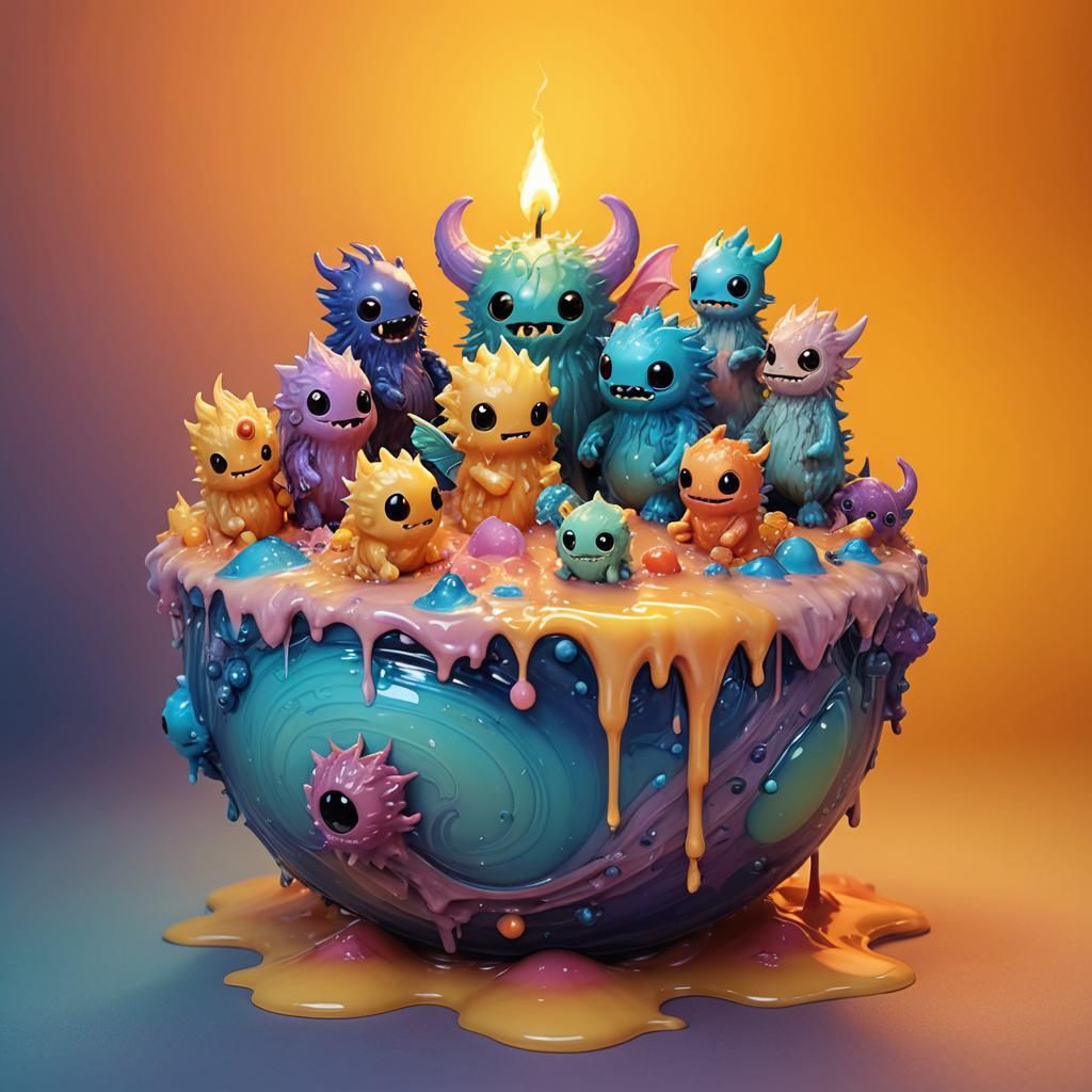 Chibi Monsters on Melting Candle Wax Planet