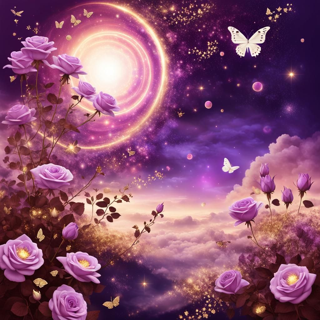 Mysterious Pink Fantasy Landscape with Golden Planets