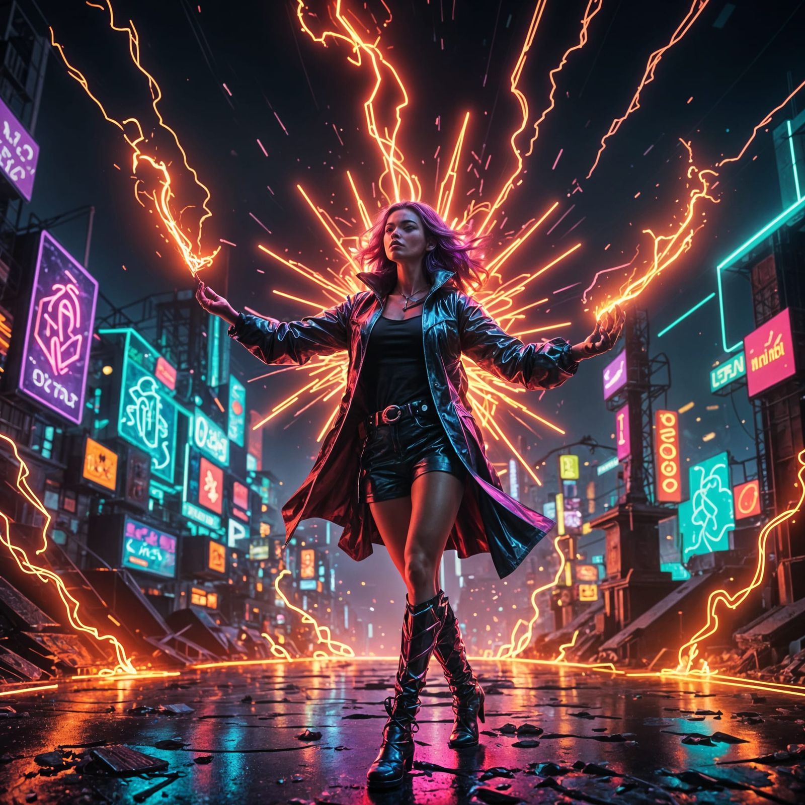Neon Sorceress Casting Magic Spells in Neon World