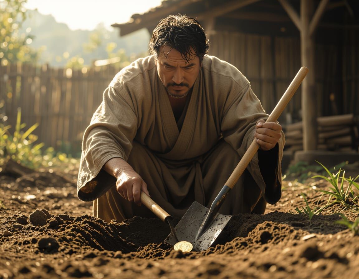 Man Buries Gold Coin: Cinematic Film Still
