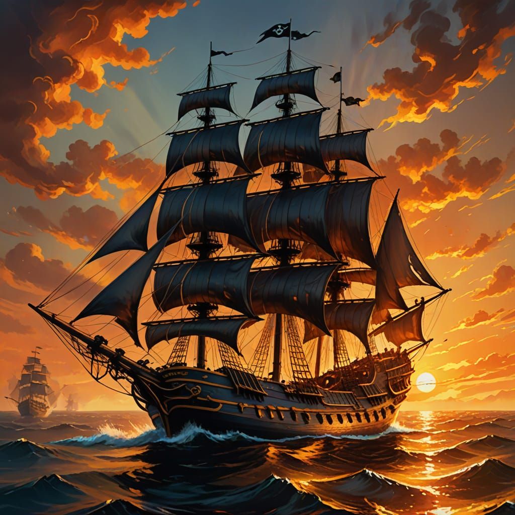 Vibrant Sunset Pirate Ship in Oil Painting Style