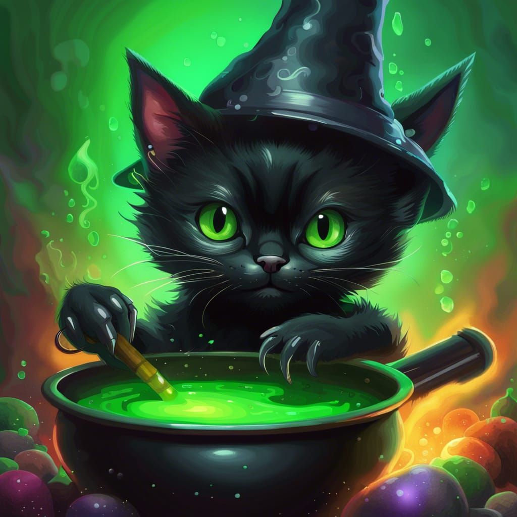 Kitten Witch Brewing Potion: Hyperrealistic Concept Art