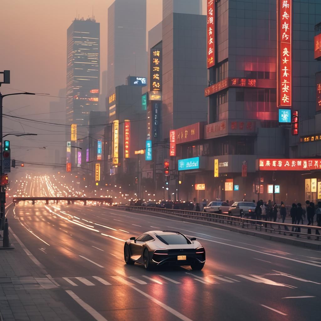 Futuristic Vehicle in Beijing with Neon Lights