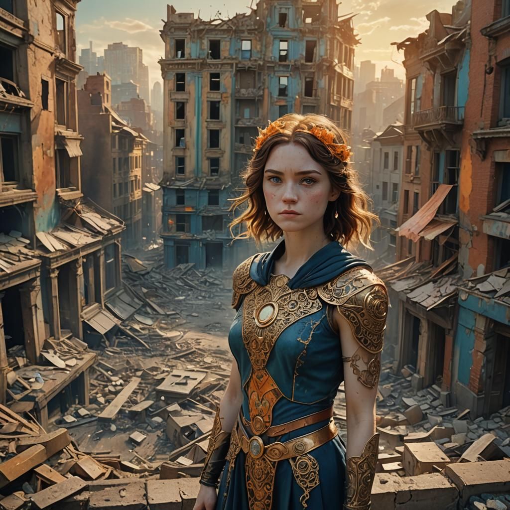 Hero Victorious in Ruined Cityscape: Cinematic Digital Art