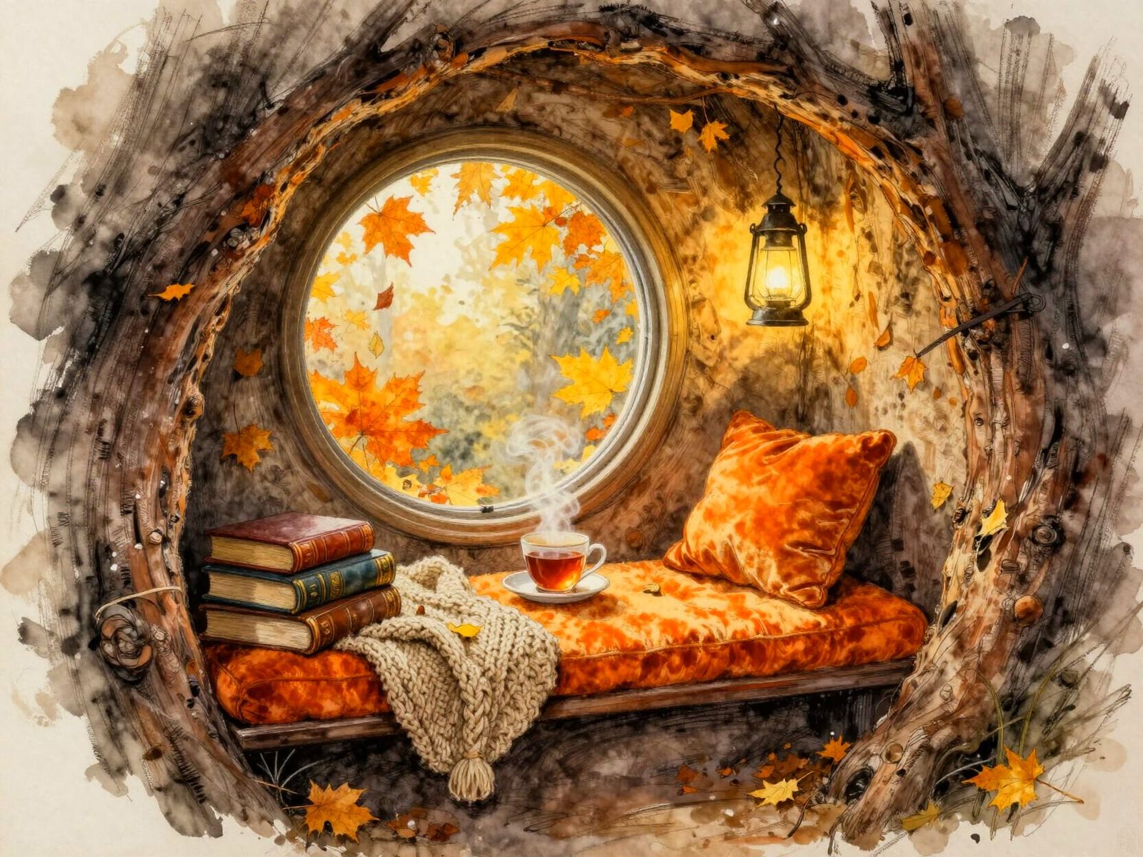 Cozy Autumn Window Seat in Giant Oak Tree