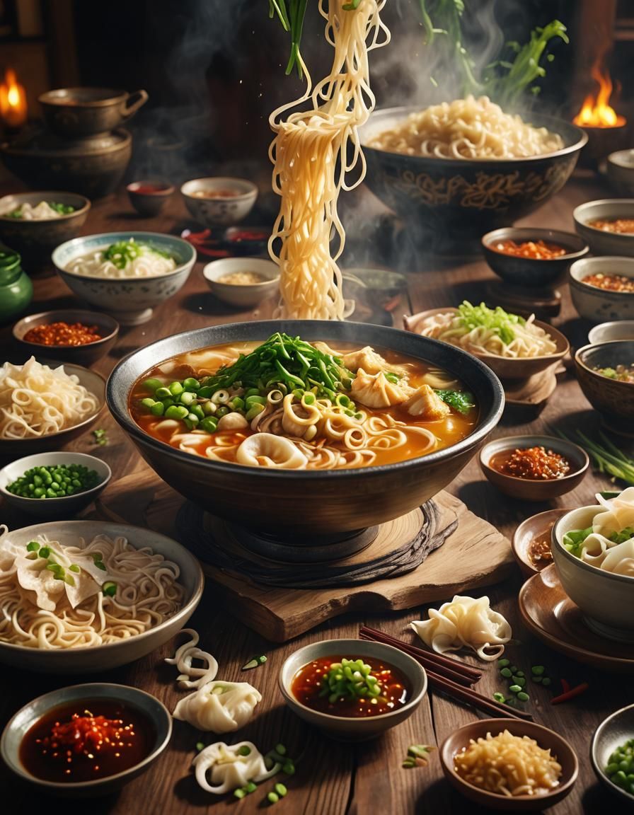 Cinematic Noodles Soup with Wonton and Chili Oil