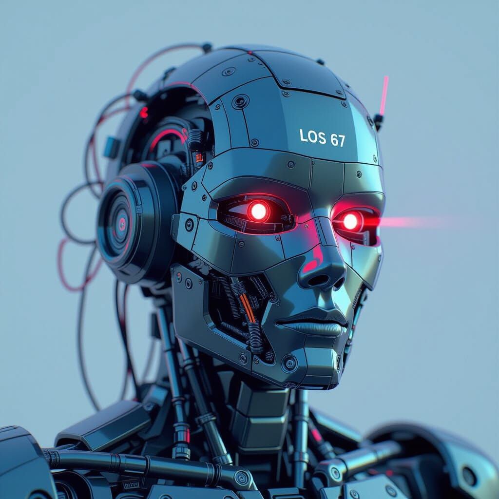 Glitchy Robot Head LOS 67 in Neon 3D Render