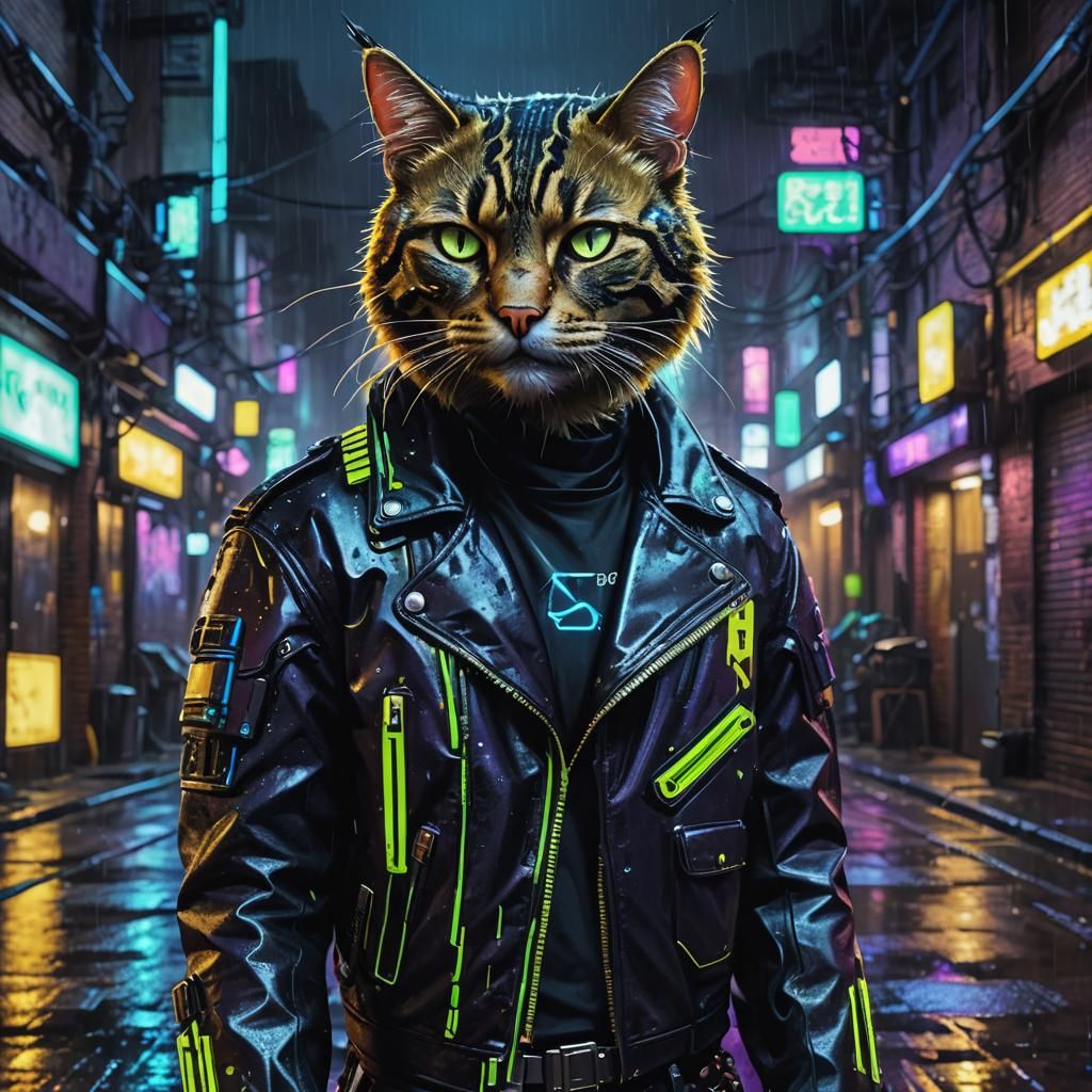 Cyberpunk Robot Cat Portrait in Neon Colors