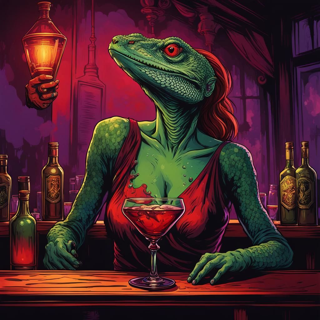 Lizard Woman Pours Poison: Grim Dark Illustration