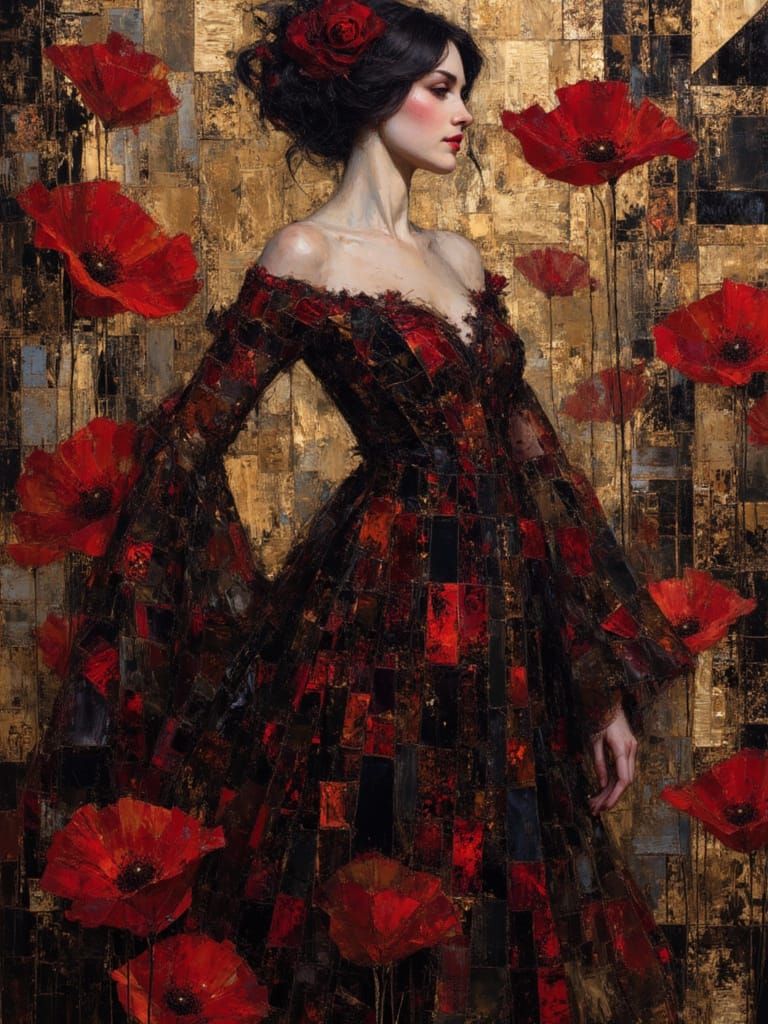 Spanish Dancer in Klimt Style with Red and Black Hues