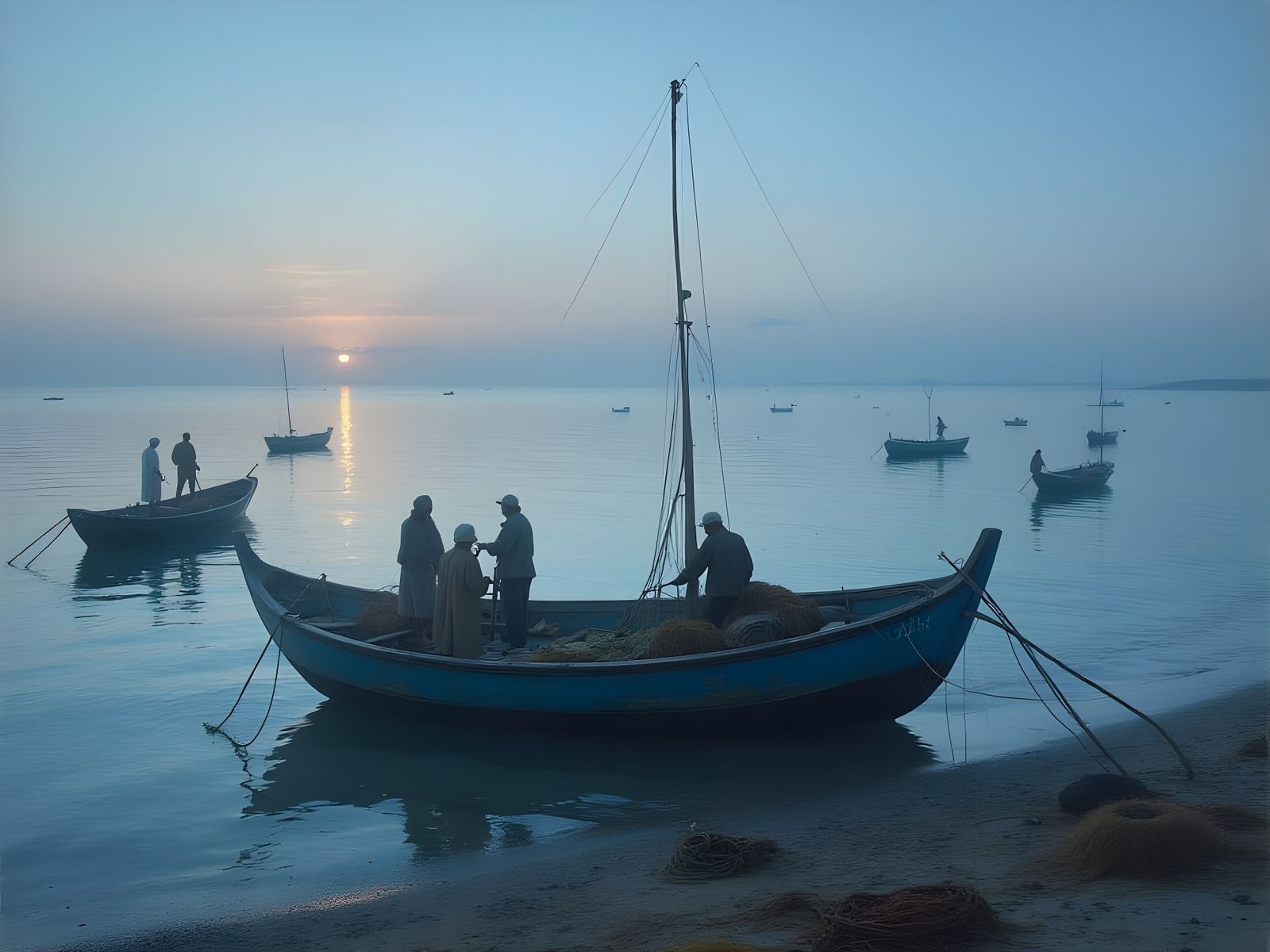 A blue horizon over beach with fishermen