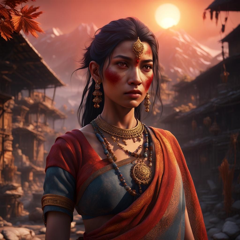 Nepalese Girl in Rising Sun: Fantasy Concept Art